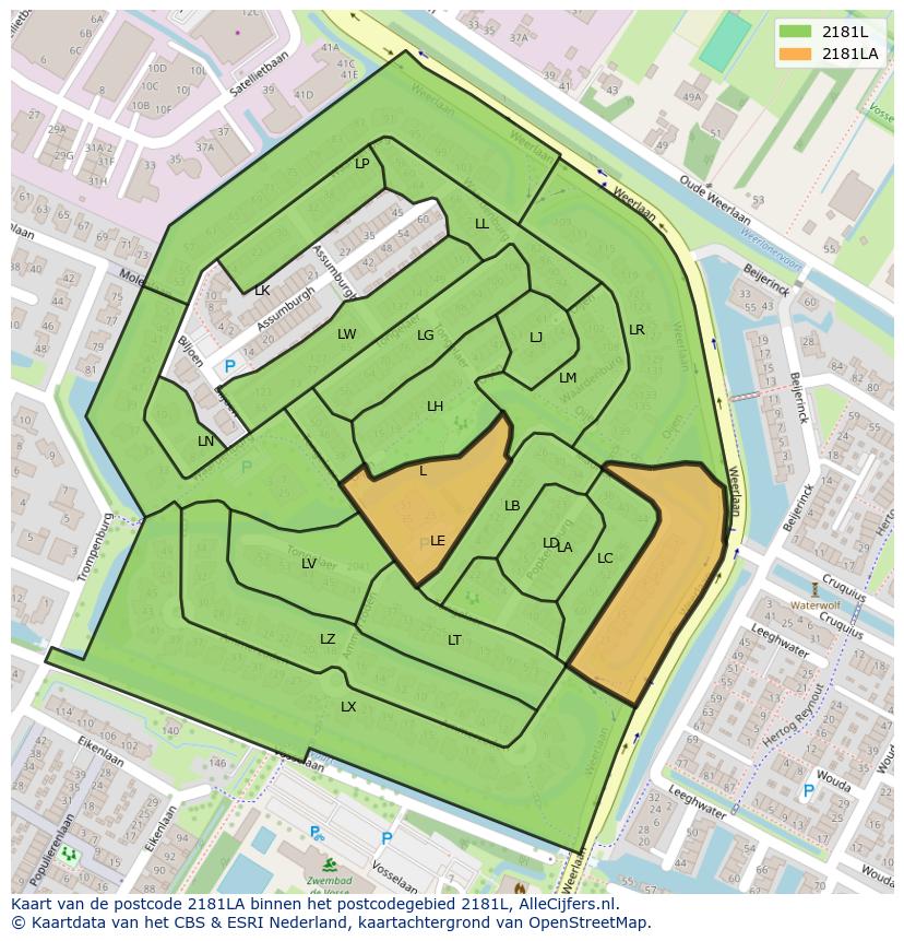 Afbeelding van het postcodegebied 2181 LA op de kaart.