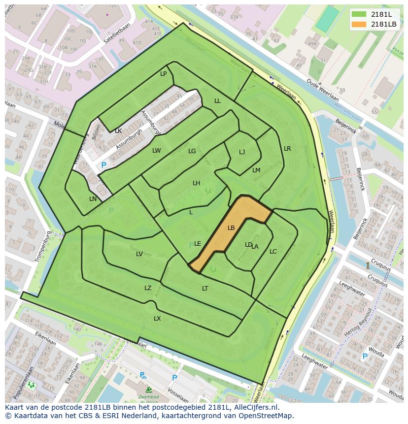 Afbeelding van het postcodegebied 2181 LB op de kaart.