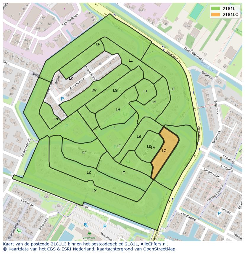Afbeelding van het postcodegebied 2181 LC op de kaart.