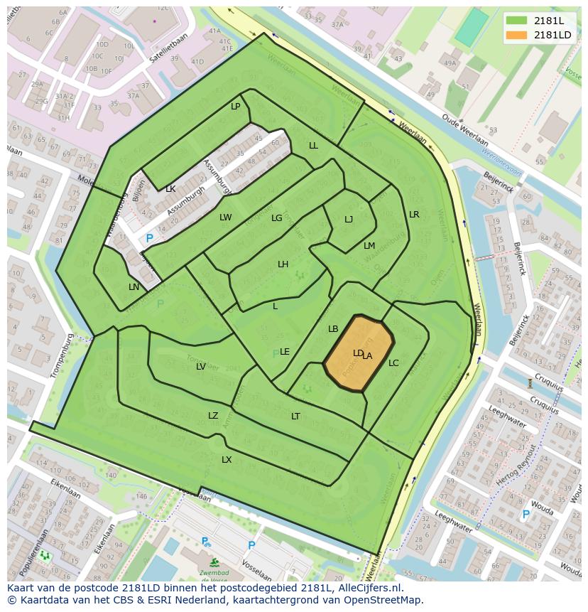 Afbeelding van het postcodegebied 2181 LD op de kaart.