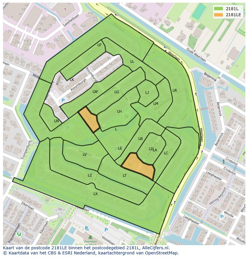 Afbeelding van het postcodegebied 2181 LE op de kaart.