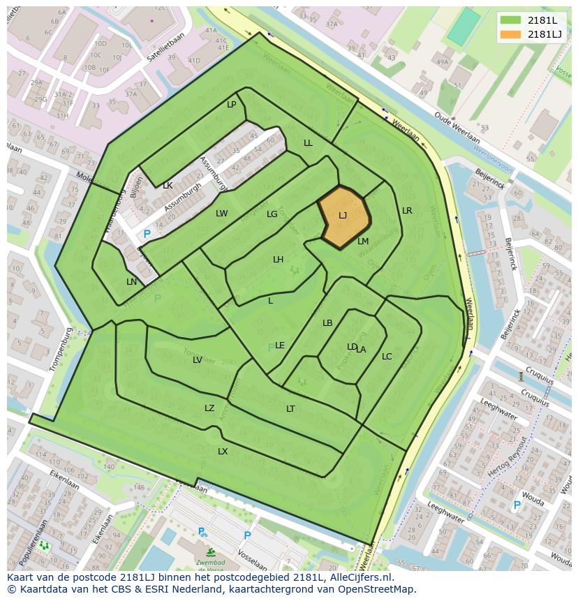 Afbeelding van het postcodegebied 2181 LJ op de kaart.