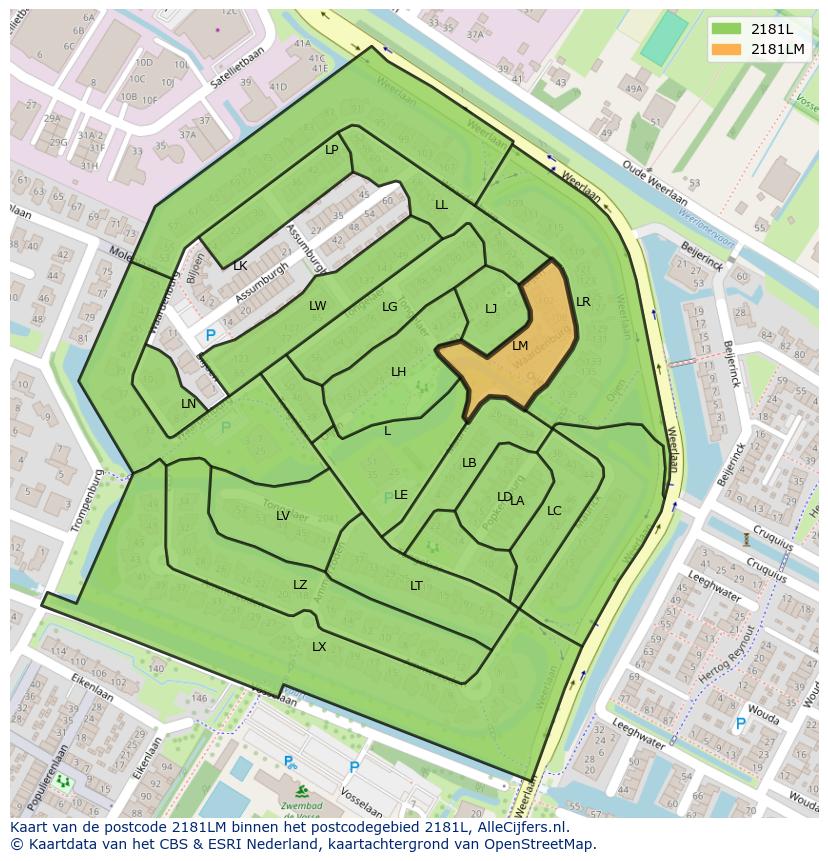 Afbeelding van het postcodegebied 2181 LM op de kaart.