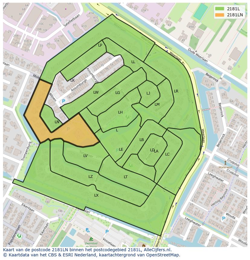Afbeelding van het postcodegebied 2181 LN op de kaart.