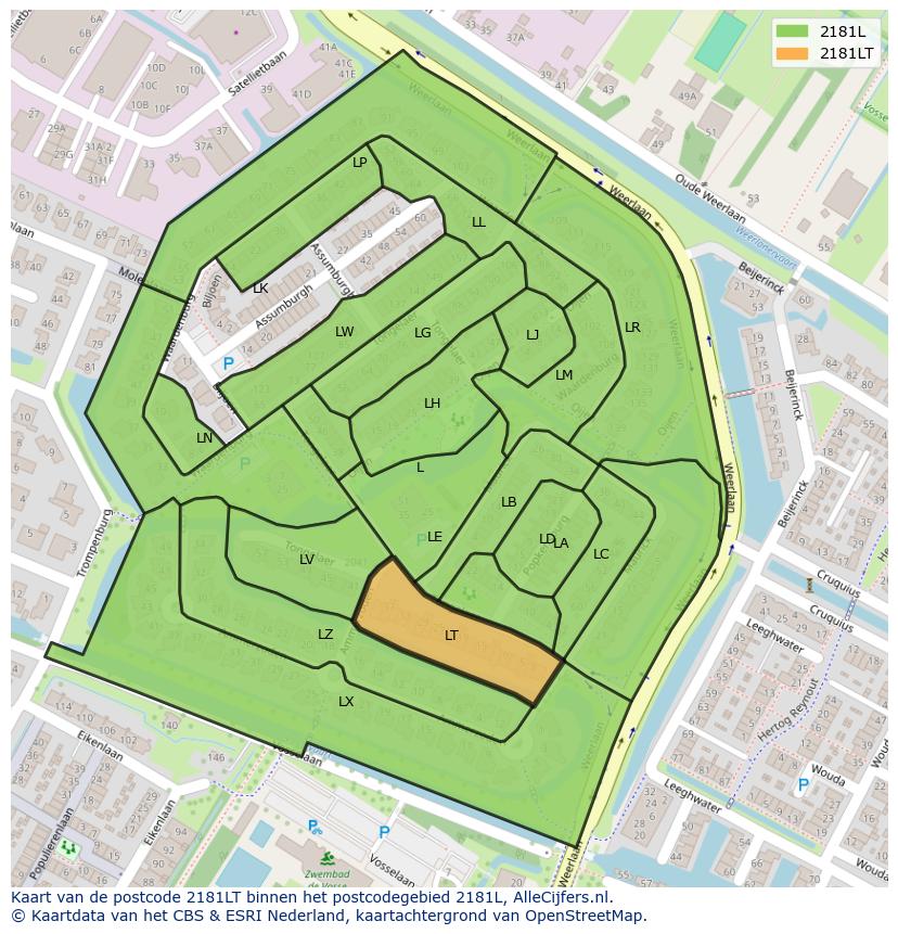 Afbeelding van het postcodegebied 2181 LT op de kaart.