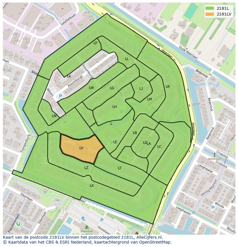 Afbeelding van het postcodegebied 2181 LV op de kaart.