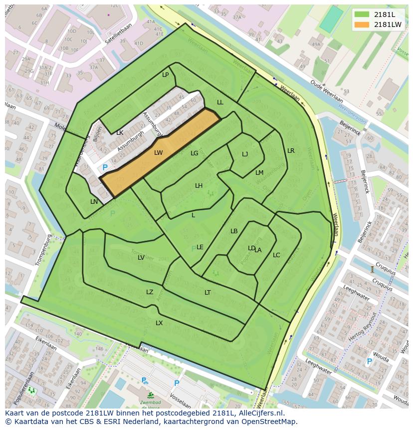 Afbeelding van het postcodegebied 2181 LW op de kaart.