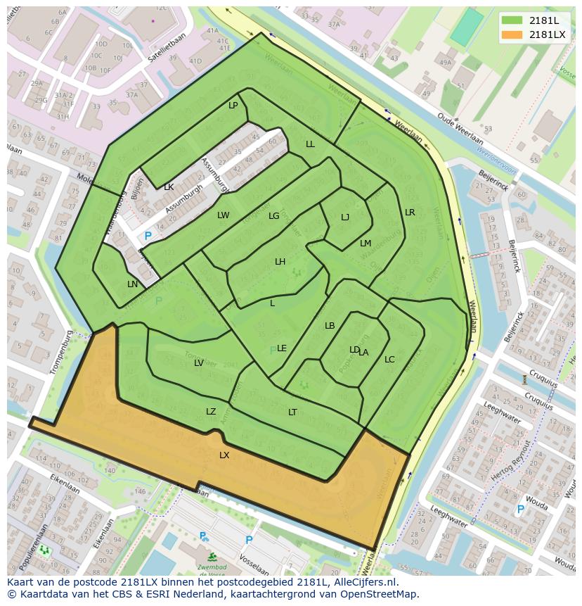 Afbeelding van het postcodegebied 2181 LX op de kaart.