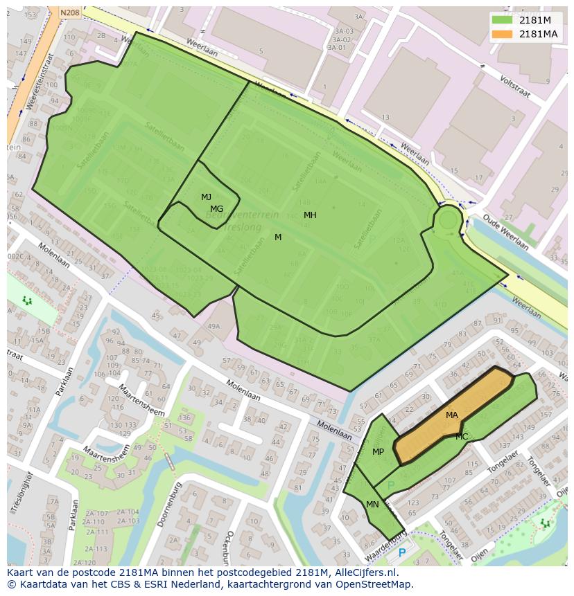 Afbeelding van het postcodegebied 2181 MA op de kaart.