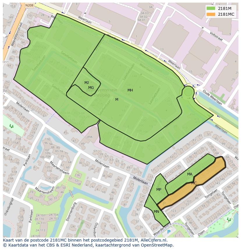 Afbeelding van het postcodegebied 2181 MC op de kaart.