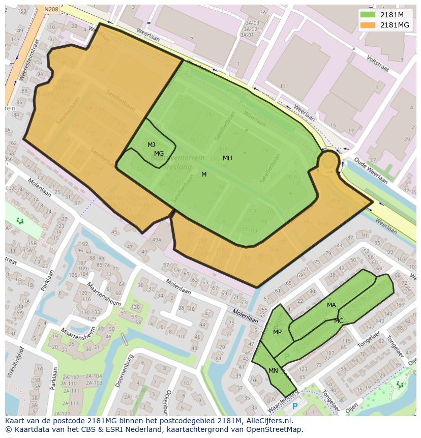 Afbeelding van het postcodegebied 2181 MG op de kaart.