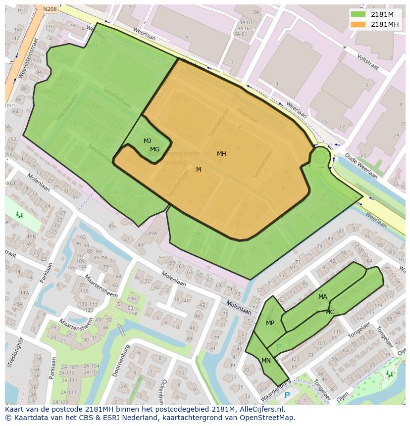Afbeelding van het postcodegebied 2181 MH op de kaart.