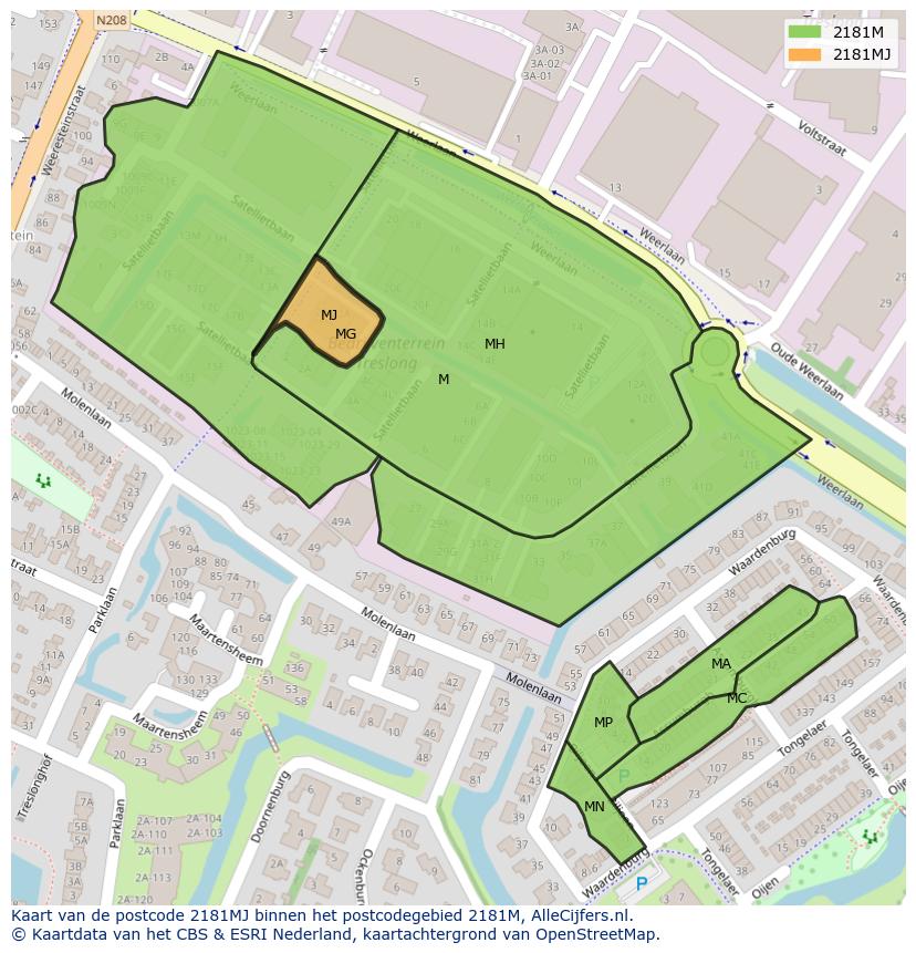 Afbeelding van het postcodegebied 2181 MJ op de kaart.