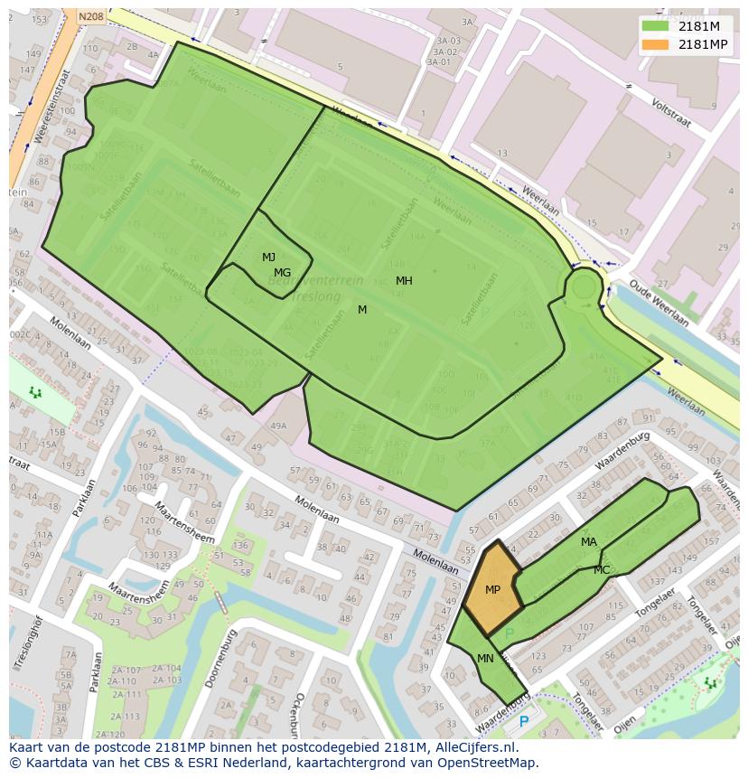 Afbeelding van het postcodegebied 2181 MP op de kaart.