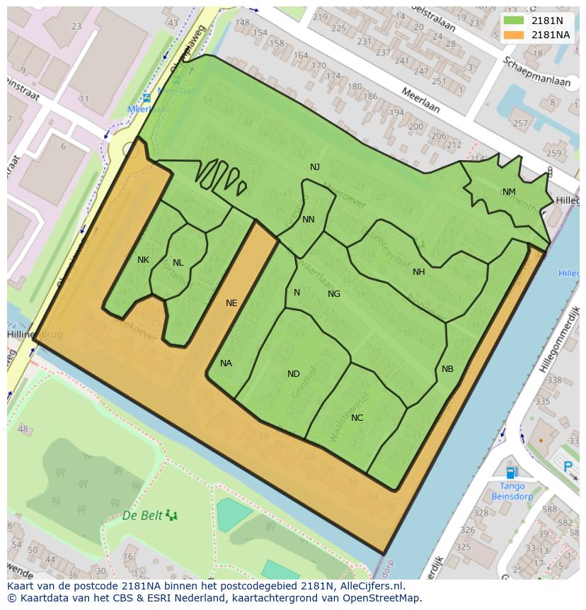 Afbeelding van het postcodegebied 2181 NA op de kaart.