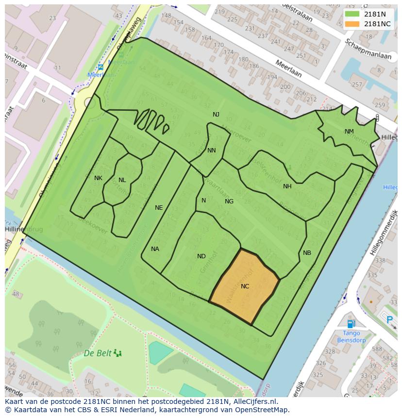 Afbeelding van het postcodegebied 2181 NC op de kaart.