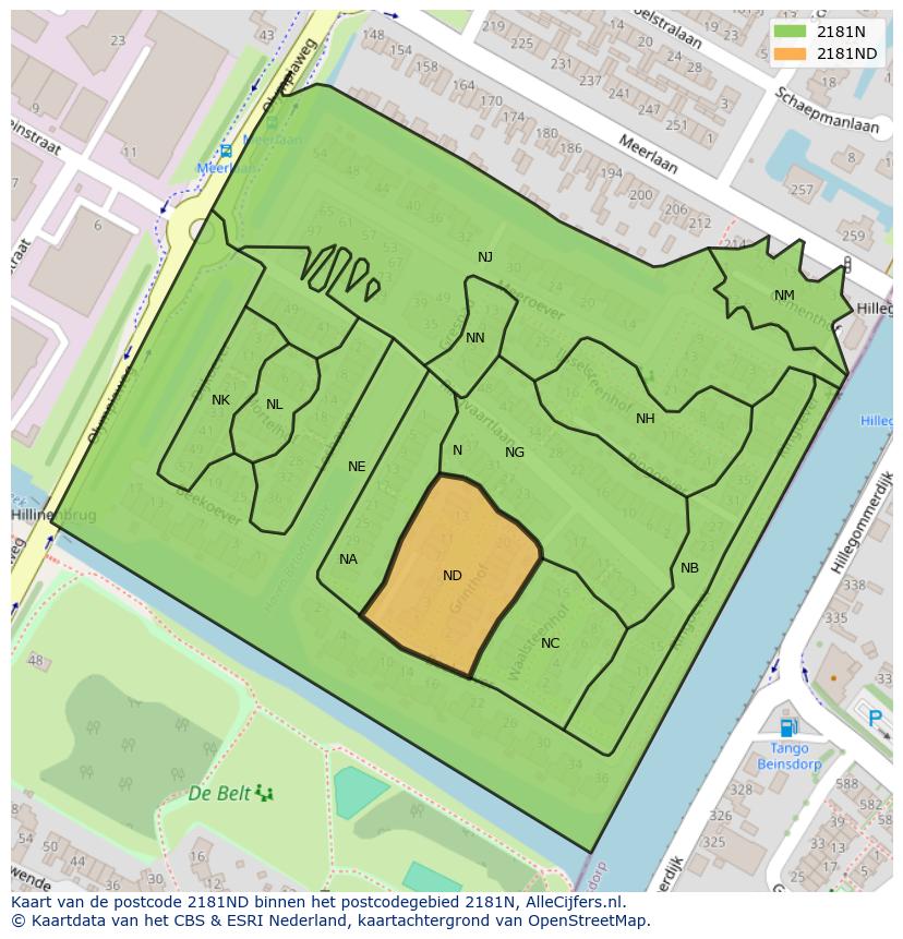 Afbeelding van het postcodegebied 2181 ND op de kaart.