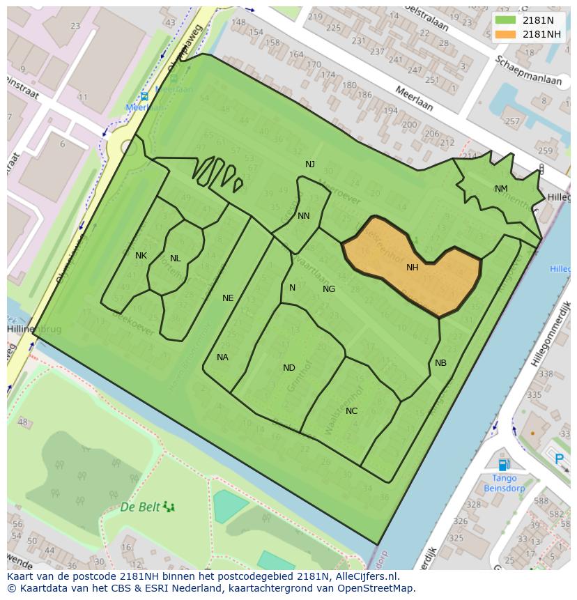 Afbeelding van het postcodegebied 2181 NH op de kaart.