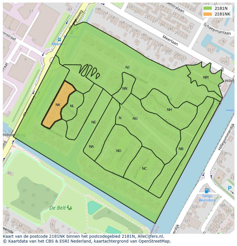 Afbeelding van het postcodegebied 2181 NK op de kaart.