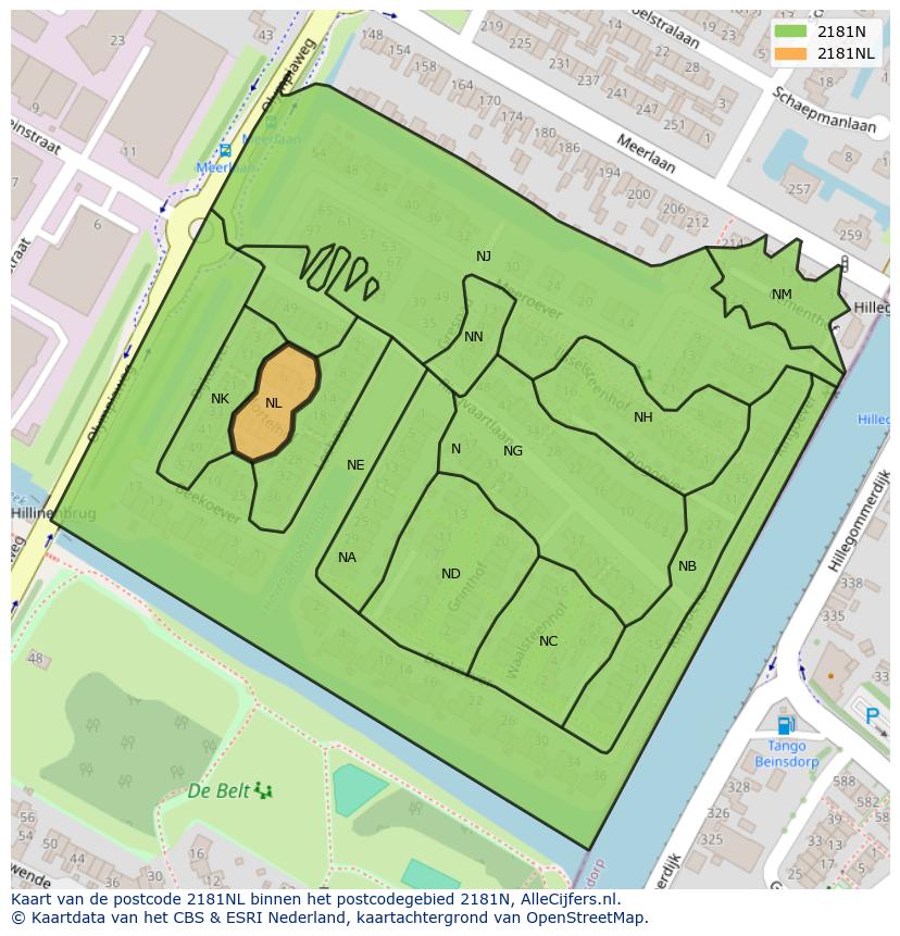 Afbeelding van het postcodegebied 2181 NL op de kaart.