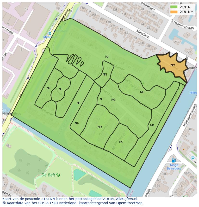 Afbeelding van het postcodegebied 2181 NM op de kaart.