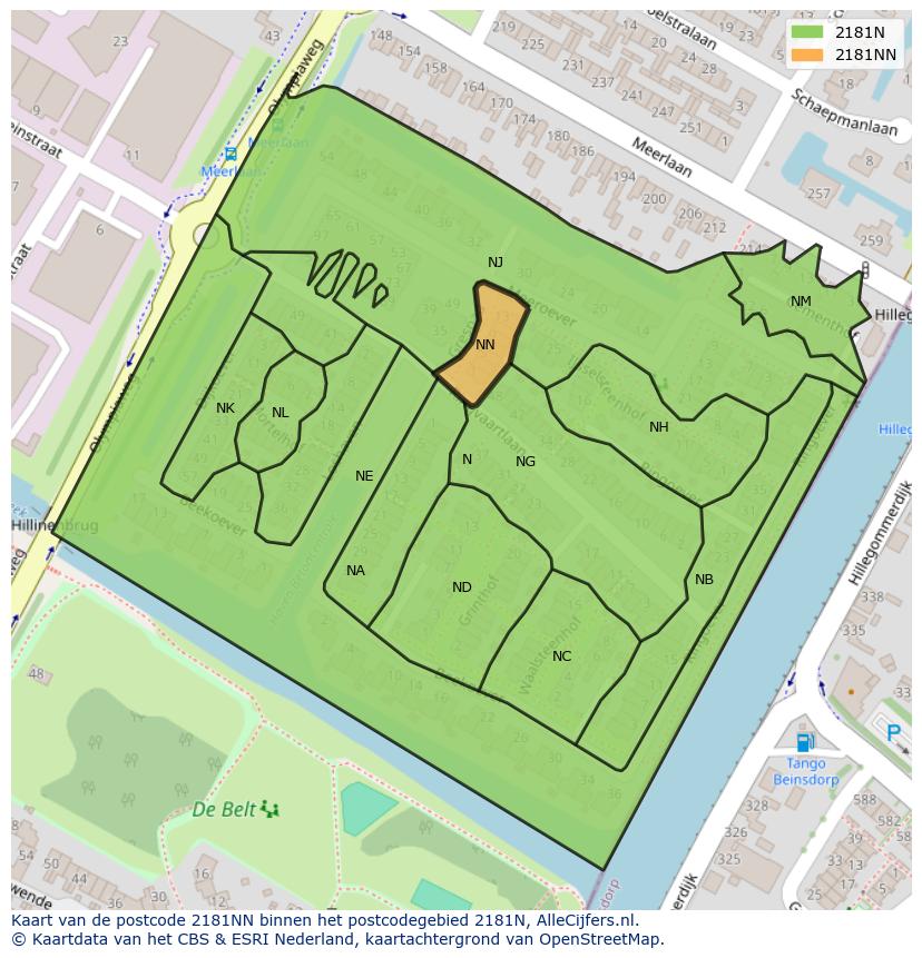 Afbeelding van het postcodegebied 2181 NN op de kaart.