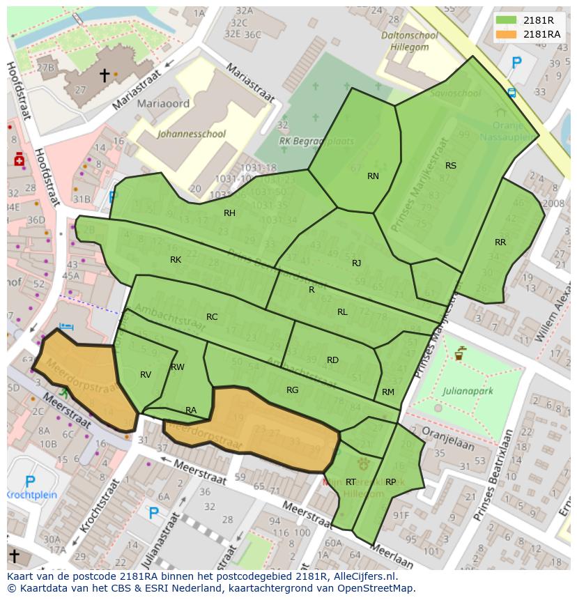 Afbeelding van het postcodegebied 2181 RA op de kaart.
