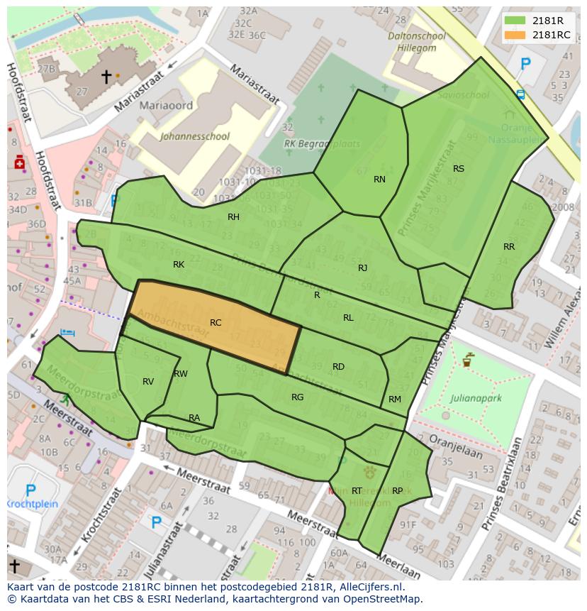 Afbeelding van het postcodegebied 2181 RC op de kaart.