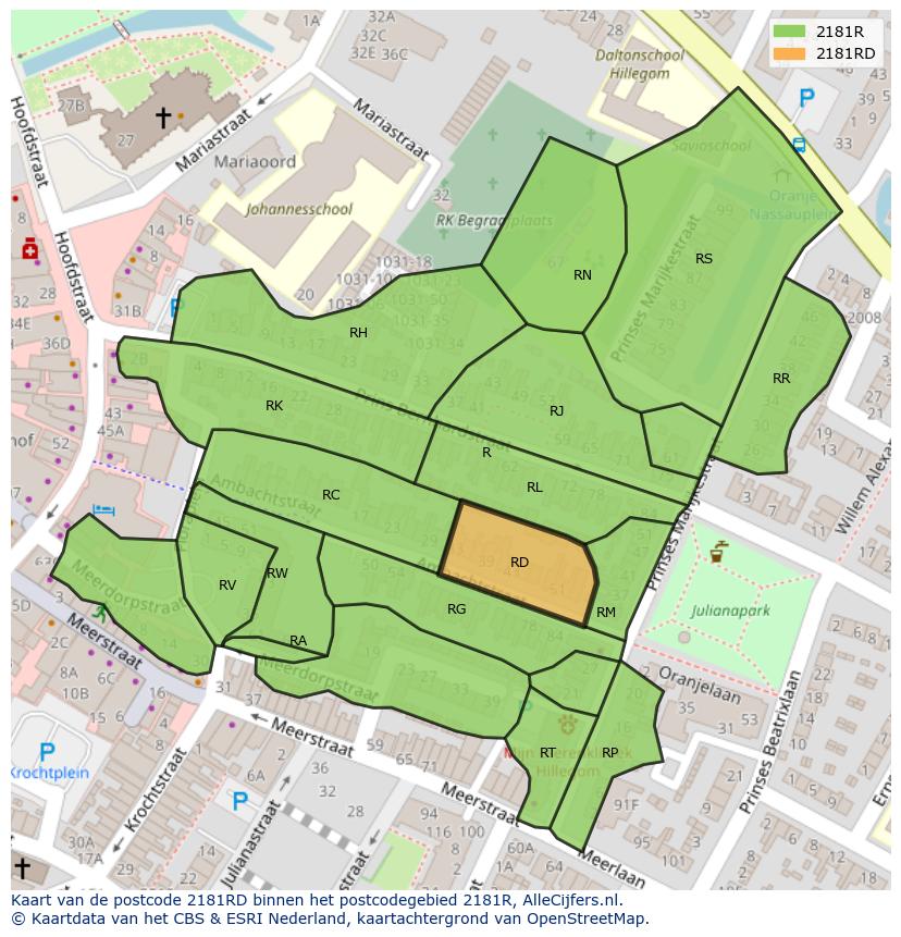 Afbeelding van het postcodegebied 2181 RD op de kaart.