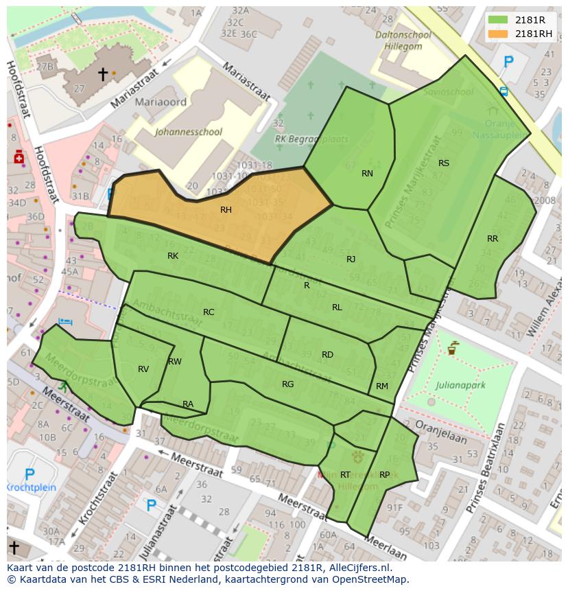 Afbeelding van het postcodegebied 2181 RH op de kaart.