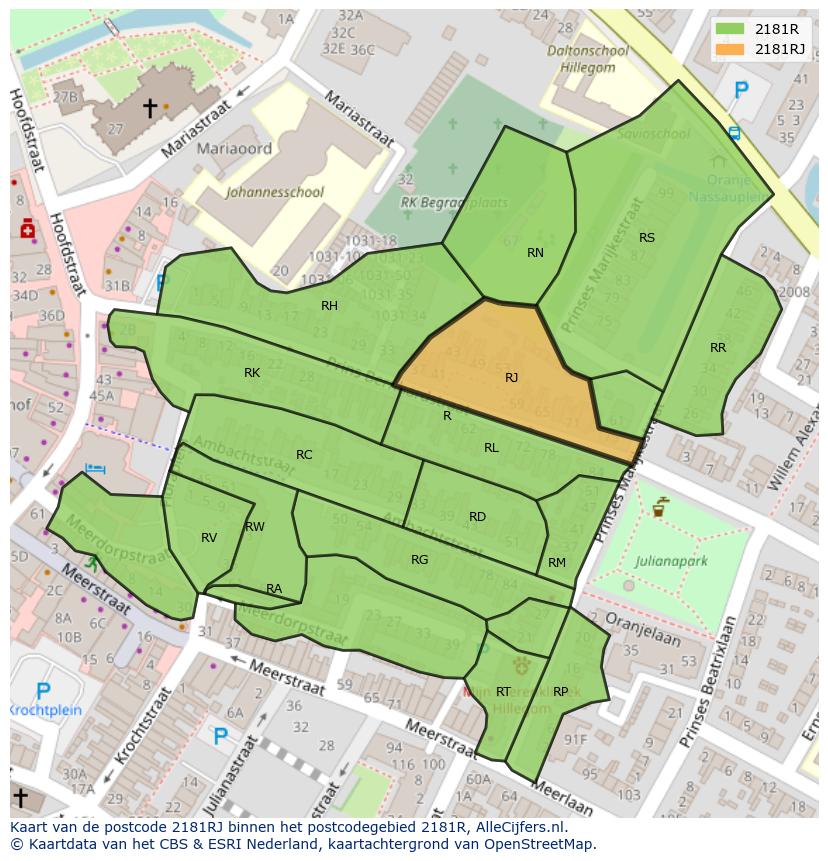 Afbeelding van het postcodegebied 2181 RJ op de kaart.