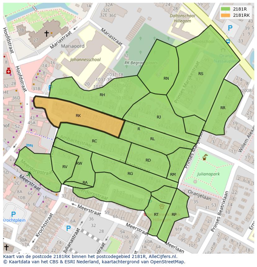 Afbeelding van het postcodegebied 2181 RK op de kaart.