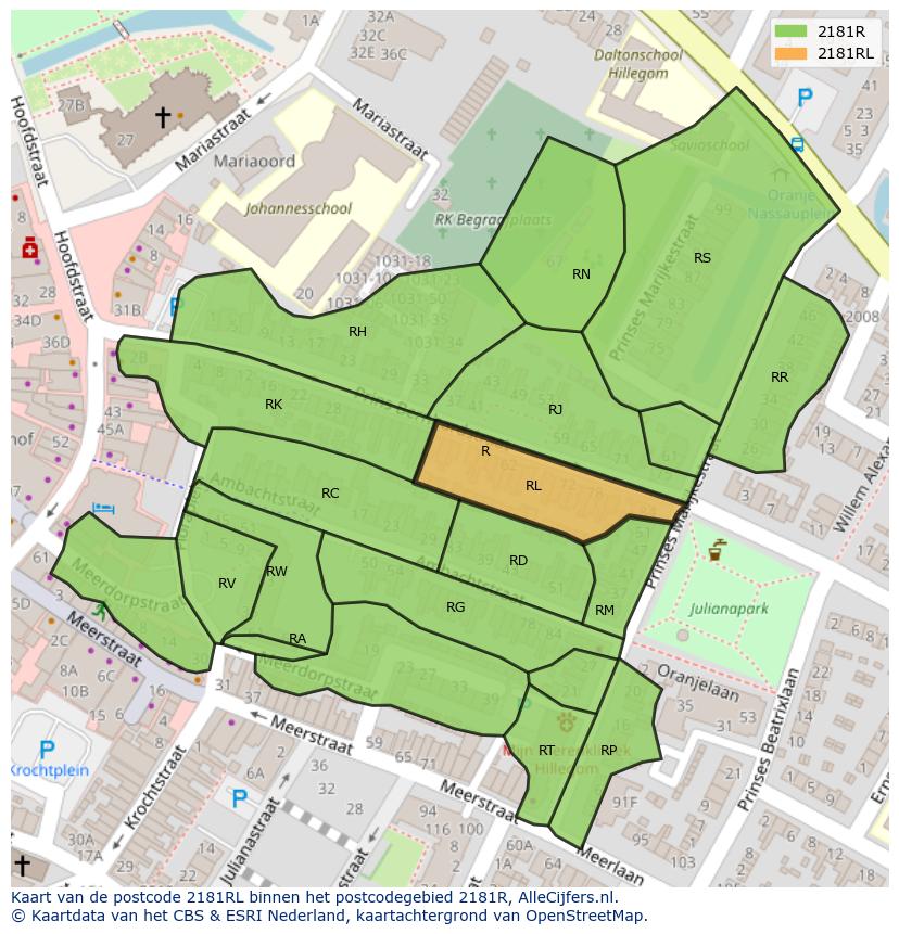 Afbeelding van het postcodegebied 2181 RL op de kaart.