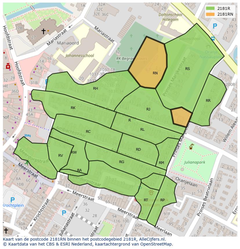 Afbeelding van het postcodegebied 2181 RN op de kaart.