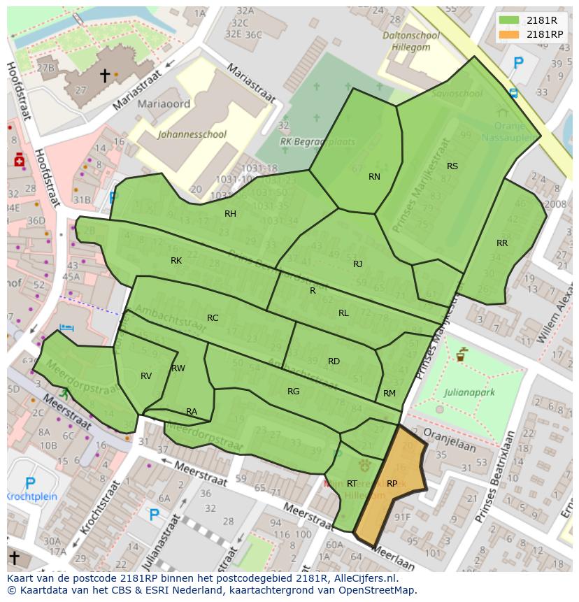 Afbeelding van het postcodegebied 2181 RP op de kaart.