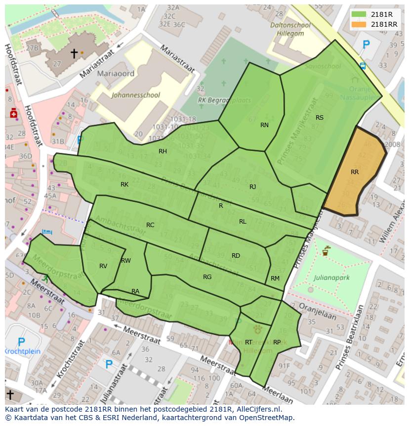 Afbeelding van het postcodegebied 2181 RR op de kaart.