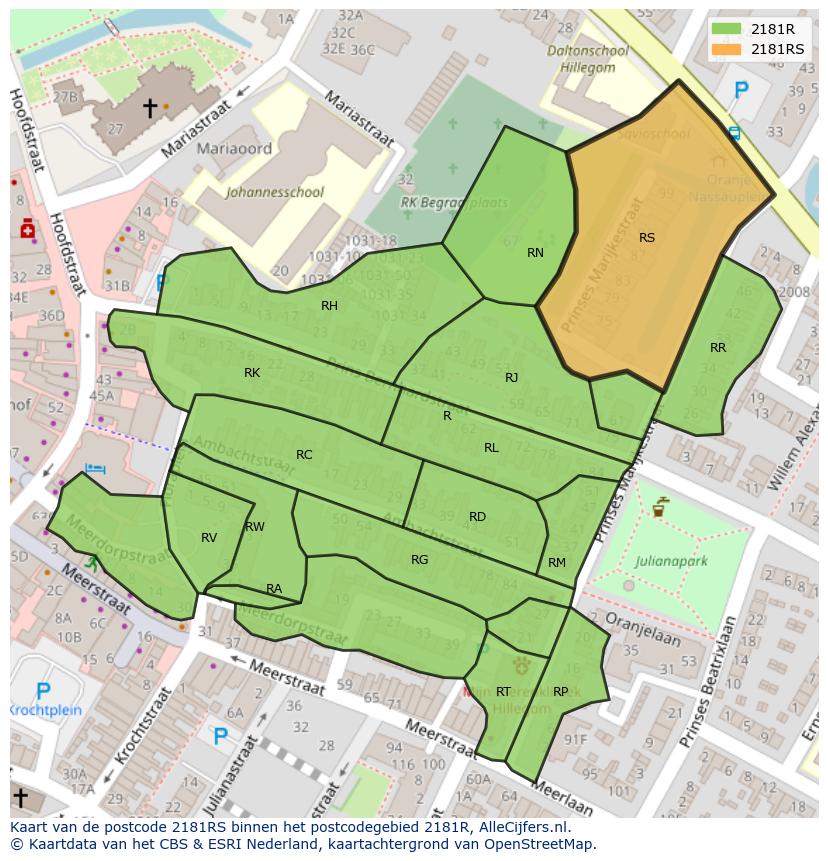Afbeelding van het postcodegebied 2181 RS op de kaart.
