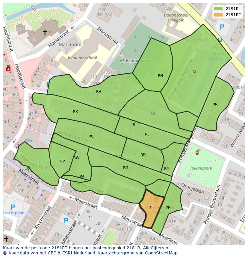 Afbeelding van het postcodegebied 2181 RT op de kaart.
