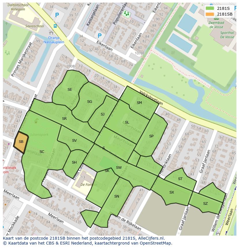 Afbeelding van het postcodegebied 2181 SB op de kaart.