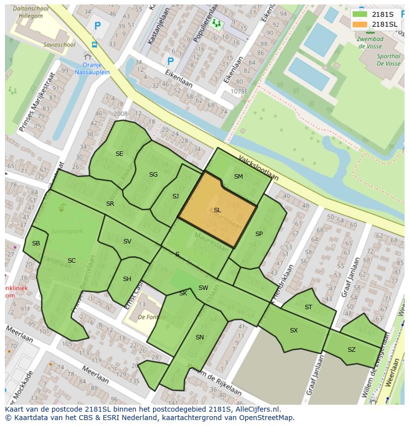 Afbeelding van het postcodegebied 2181 SL op de kaart.