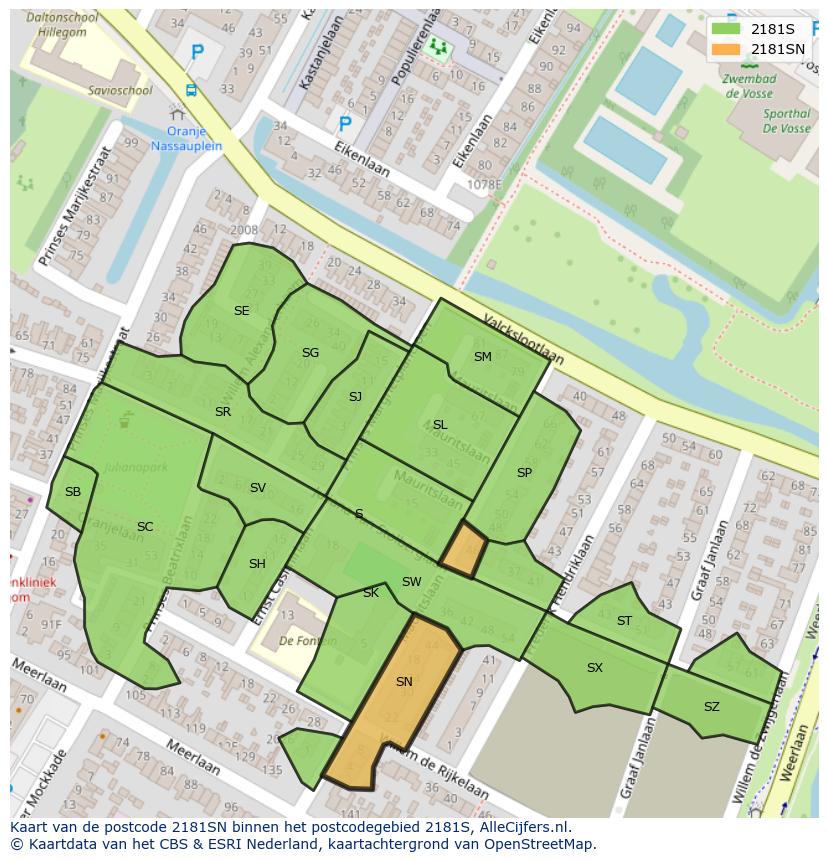 Afbeelding van het postcodegebied 2181 SN op de kaart.