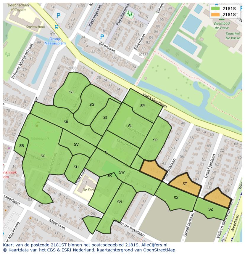 Afbeelding van het postcodegebied 2181 ST op de kaart.