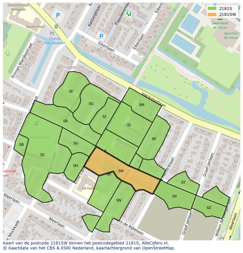 Afbeelding van het postcodegebied 2181 SW op de kaart.