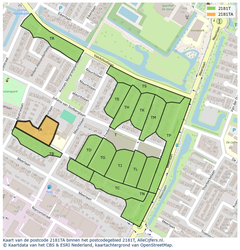 Afbeelding van het postcodegebied 2181 TA op de kaart.