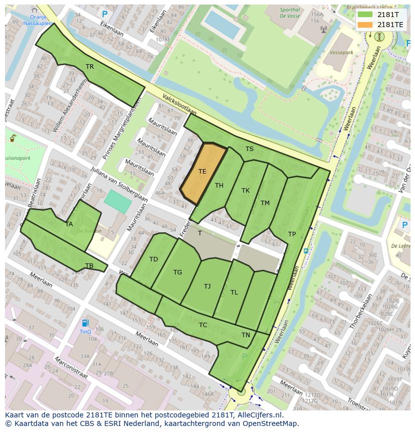 Afbeelding van het postcodegebied 2181 TE op de kaart.