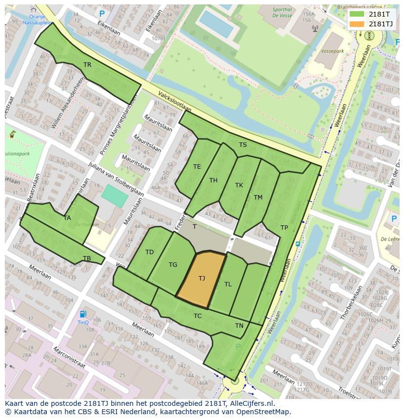 Afbeelding van het postcodegebied 2181 TJ op de kaart.