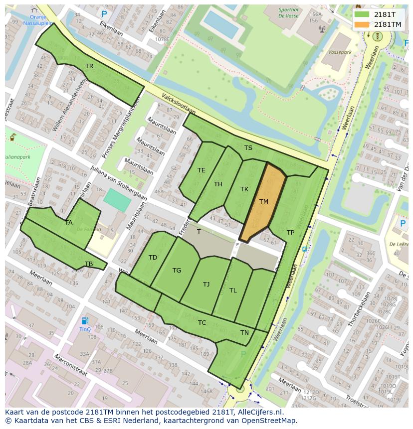 Afbeelding van het postcodegebied 2181 TM op de kaart.