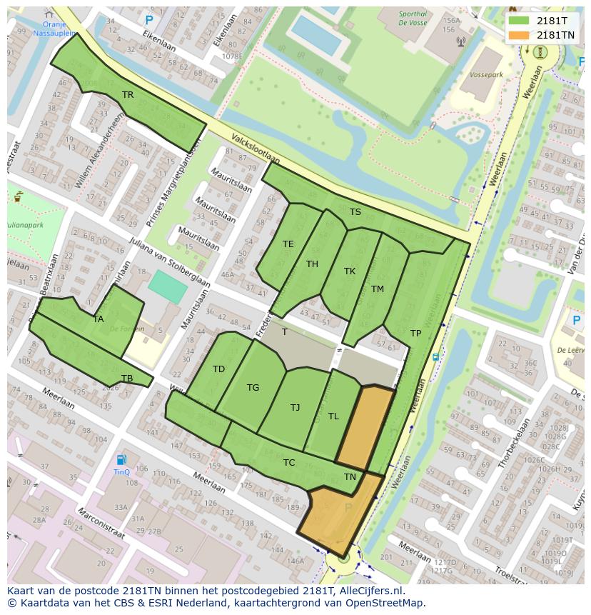 Afbeelding van het postcodegebied 2181 TN op de kaart.