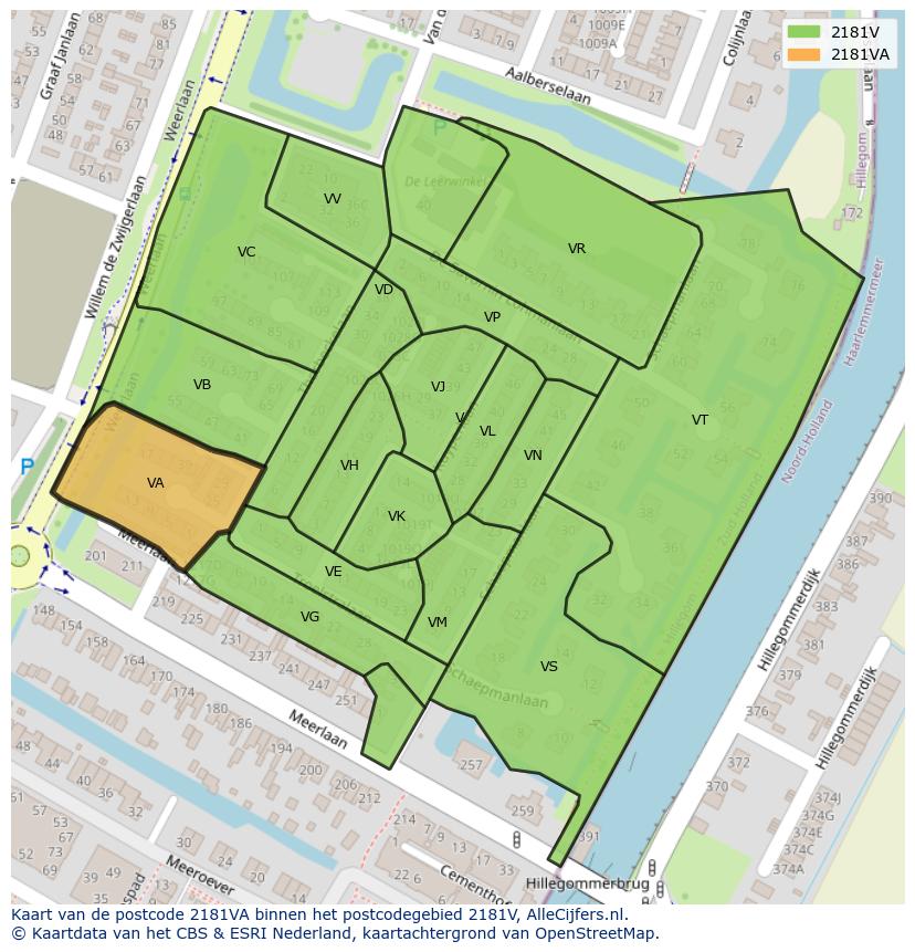 Afbeelding van het postcodegebied 2181 VA op de kaart.