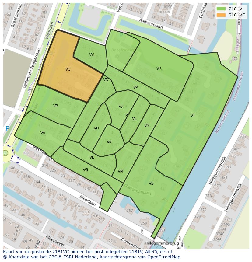 Afbeelding van het postcodegebied 2181 VC op de kaart.